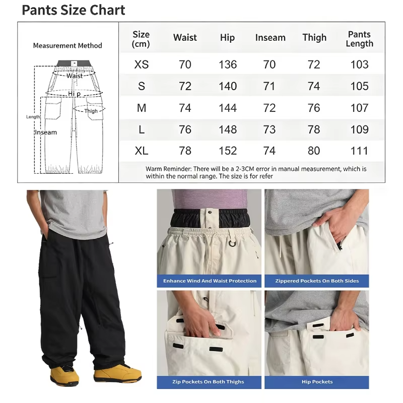 2026 New Winter Unisex Cargo Snowboard Pants Loose Baggy Ski Windproof Waterproof Breathable Warm Outdoor Snow Pants Men Women