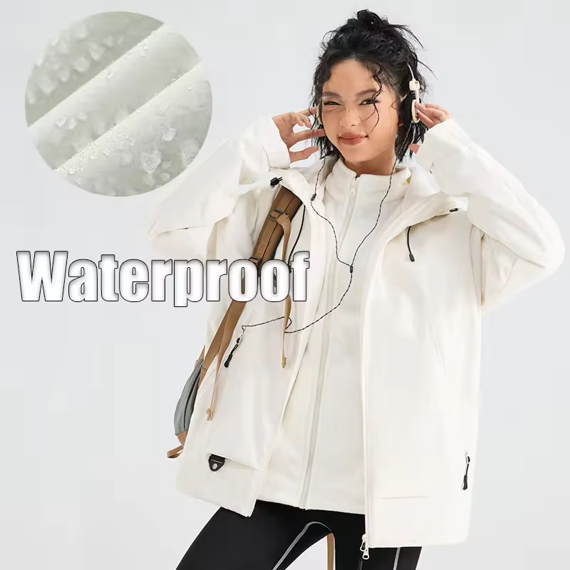 Winter Hiking Jacket Women 3 In 1 Fleece Waterproof Windproof Camping Hooded Jacket Outdoor Thick Warm Skiing Travel Casual Coat