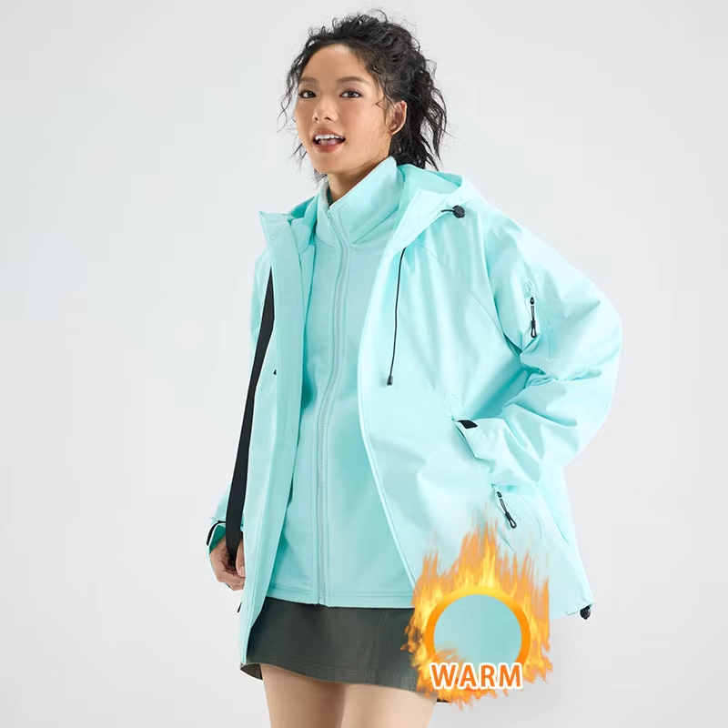 Winter Hiking Jacket Women 3 In 1 Fleece Waterproof Windproof Camping Hooded Jacket Outdoor Thick Warm Skiing Travel Casual Coat