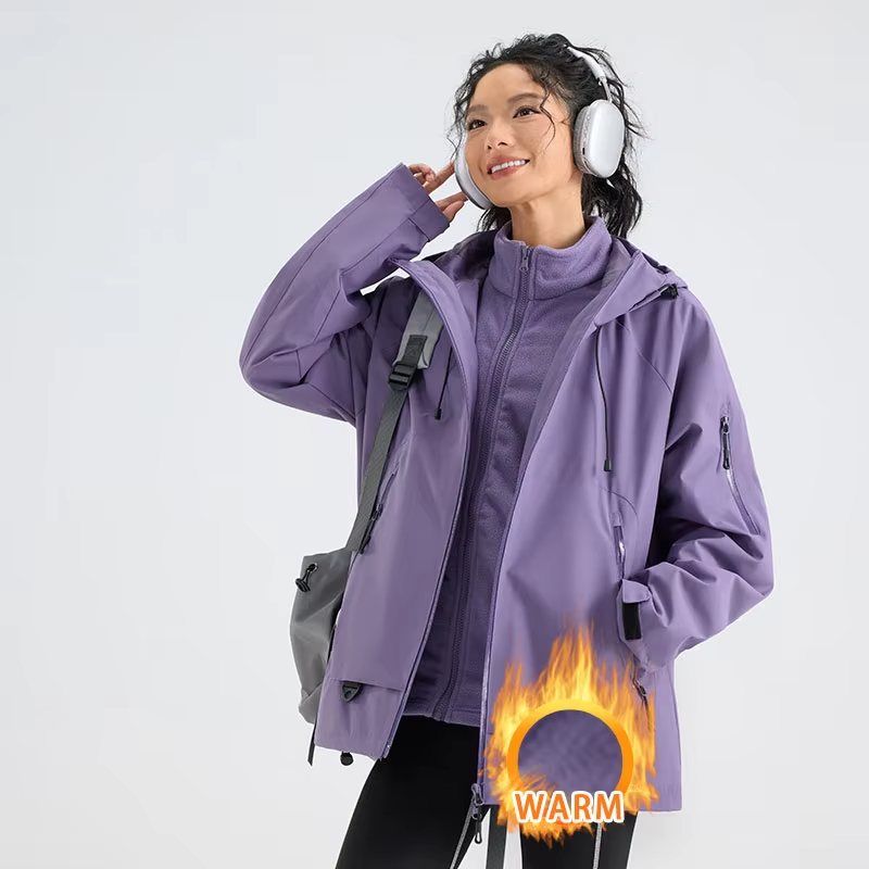 Winter Hiking Jacket Women 3 In 1 Fleece Waterproof Windproof Camping Hooded Jacket Outdoor Thick Warm Skiing Travel Casual Coat