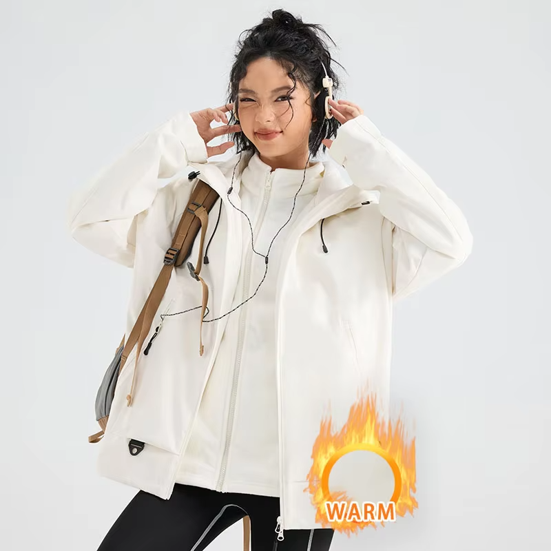 Winter Hiking Jacket Women 3 In 1 Fleece Waterproof Windproof Camping Hooded Jacket Outdoor Thick Warm Skiing Travel Casual Coat