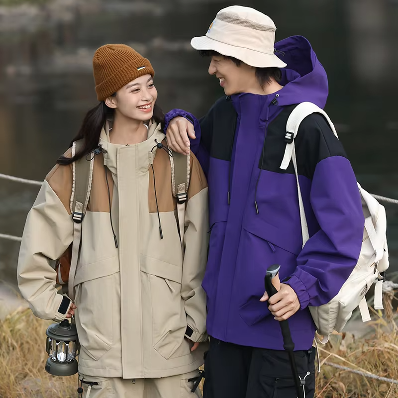 Spring Autumn Couple Waterproof Casual Jacket Stitching Color Hiking Coat  Women's Outdoor Camping Windproof Coats Hooded Jacket