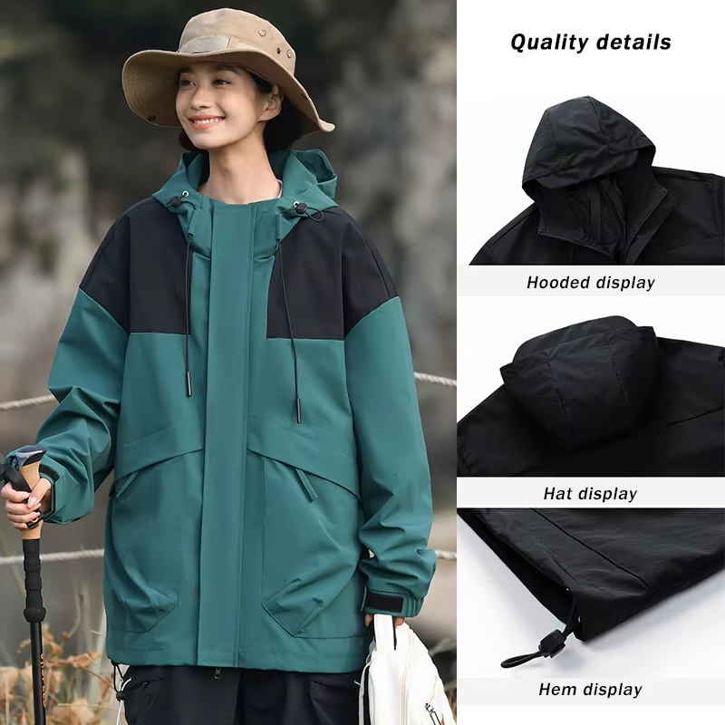 Spring Autumn Couple Waterproof Casual Jacket Stitching Color Hiking Coat  Women's Outdoor Camping Windproof Coats Hooded Jacket